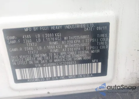 2012 Subaru Outback 2.5I Premium z USA, uszkodzony, nr VIN 4S4BRBCC1C3206653